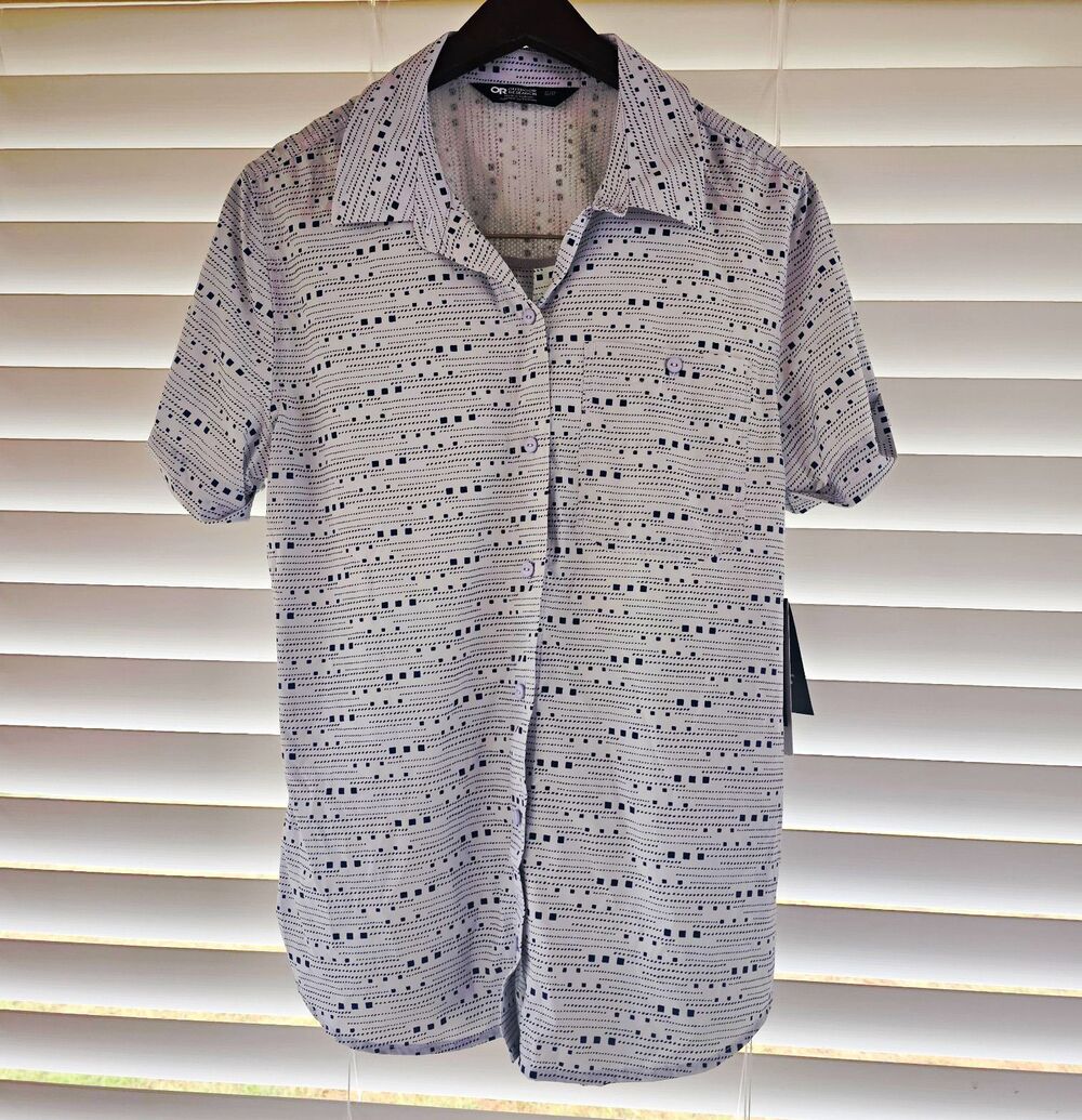 Outdoor Research Womens S Astroman SS Sun Shirt Gray Blue Geometric UPF 30